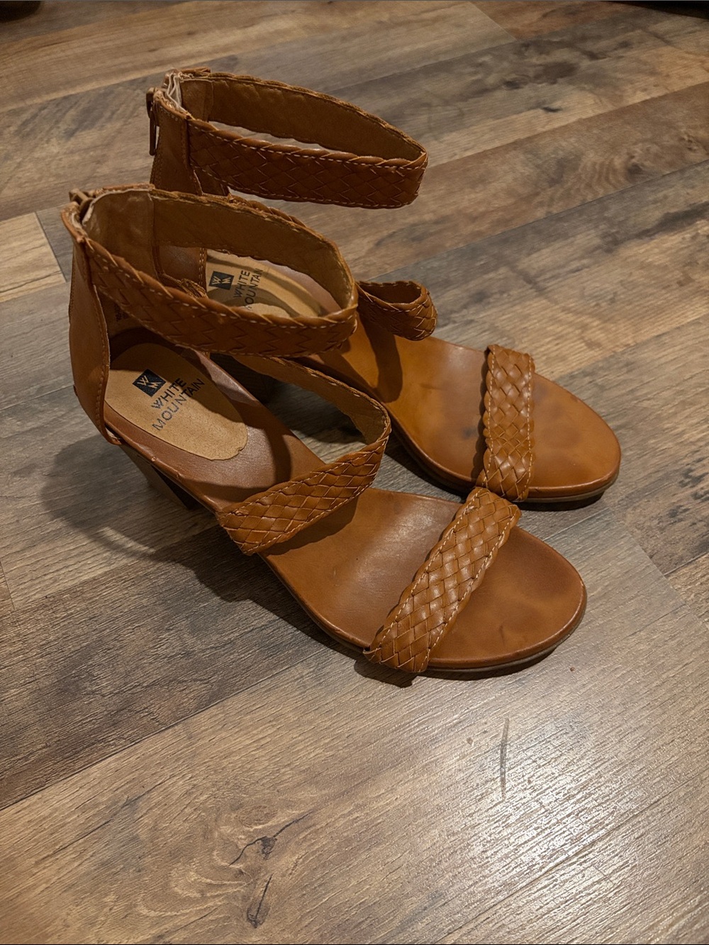 White Mountain Cognac Braided Strap Heeled Sandals
